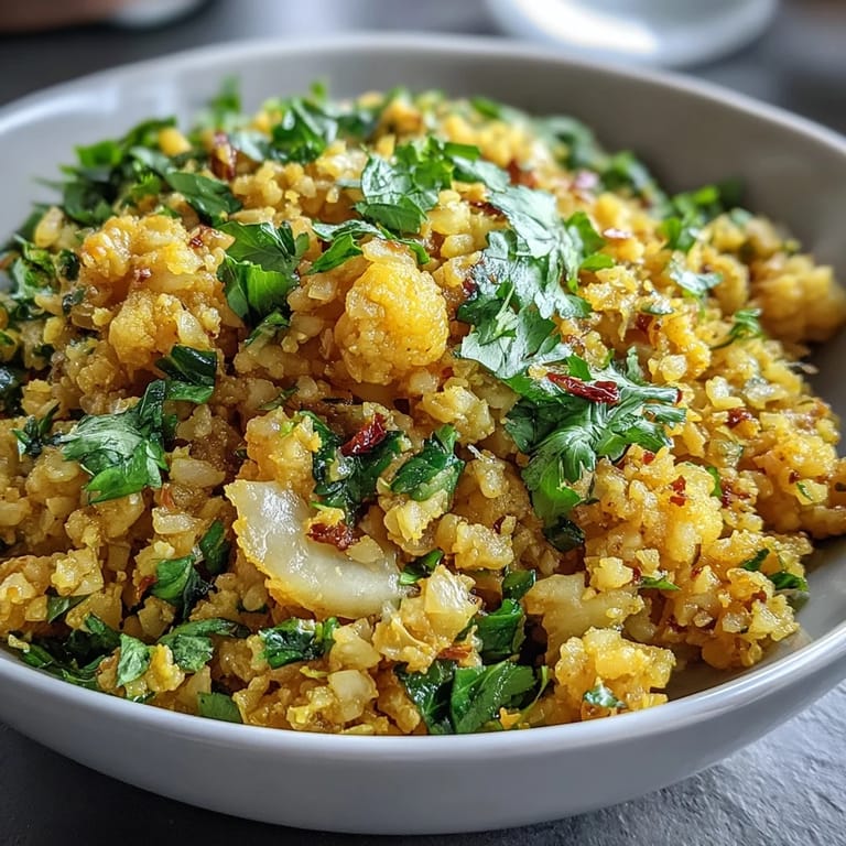 A quick, savory turmeric cauliflower rice side dish with fresh cilantro brightens any plate.