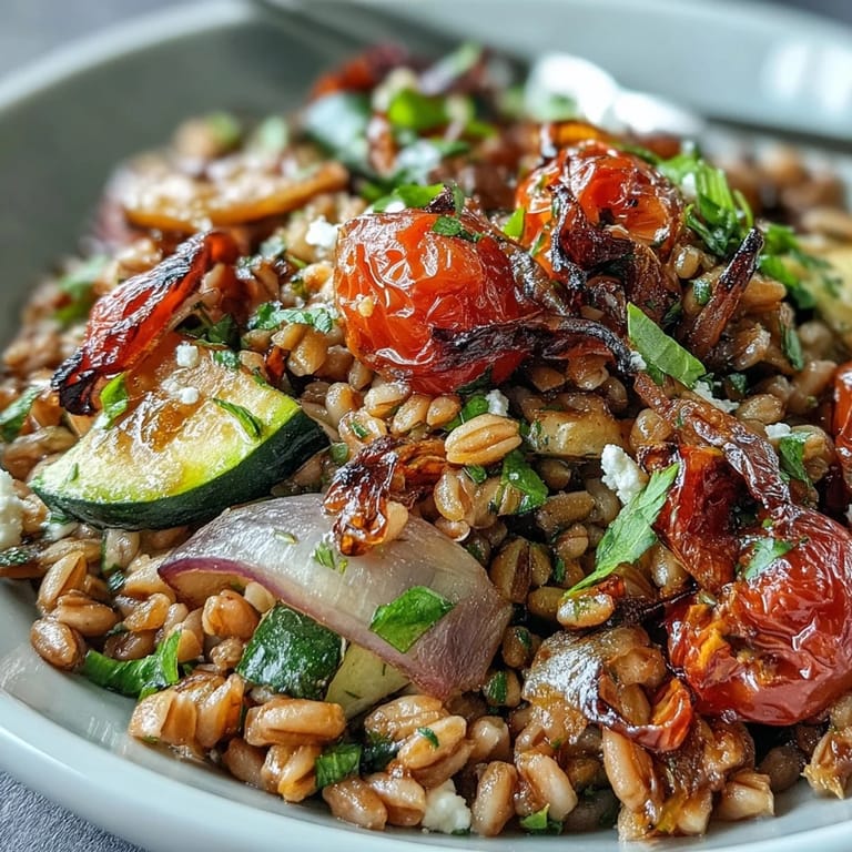 Golden farro and caramelized vegetables, a delicious Mediterranean side or vegetarian main.