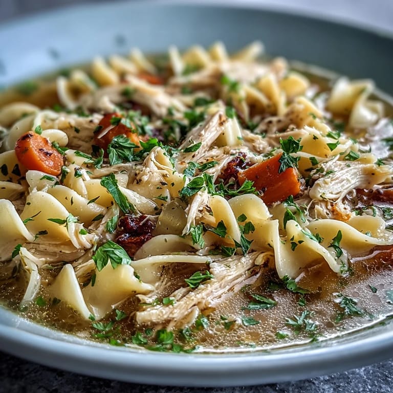 A comforting bowl of Instant Pot Chicken Noodle Soup featuring shredded chicken and savory broth.