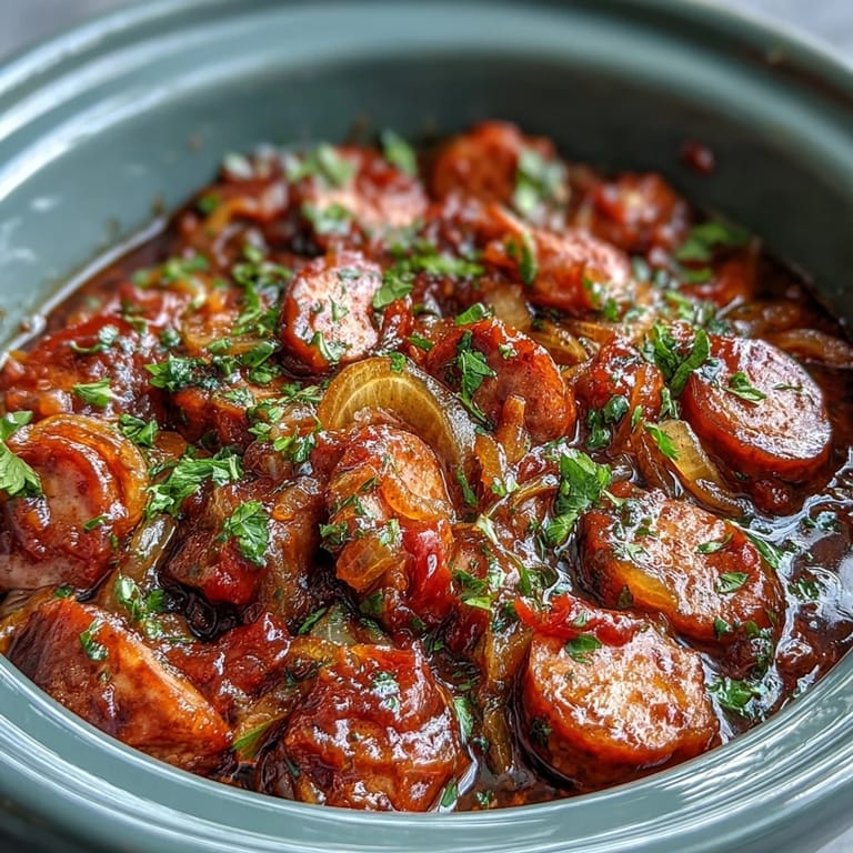 Spoonful of Crock Pot BBQ Cocktail Sausage Soup revealing tender vegetables and savory sausage in a tangy, sweet BBQ broth.