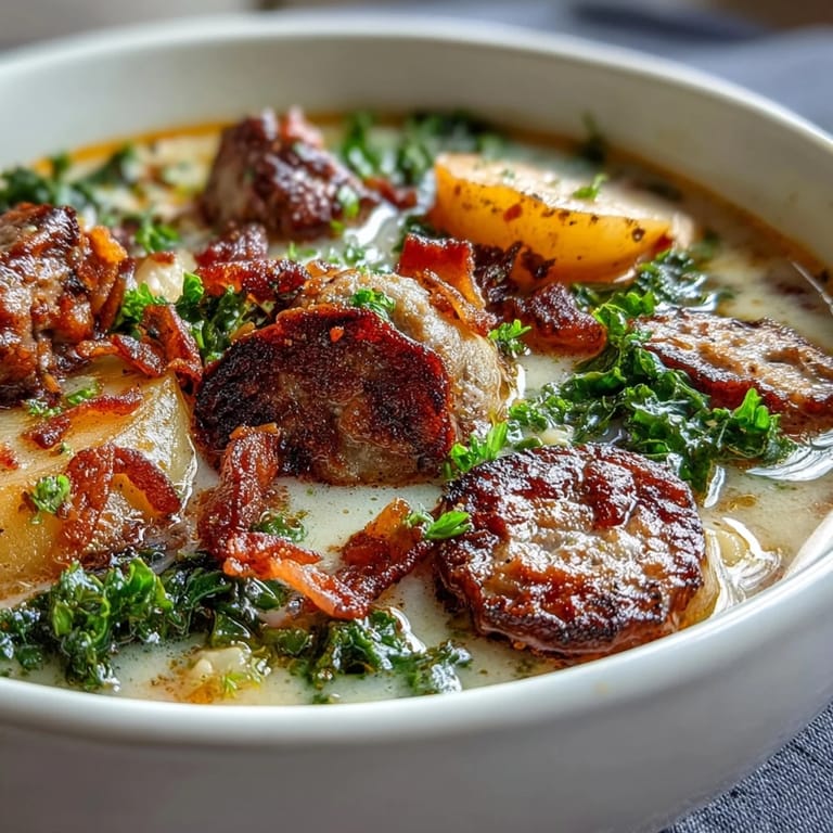 Hearty Italian Sausage Soup with tender potato slices and kale served in a rustic white bowl.