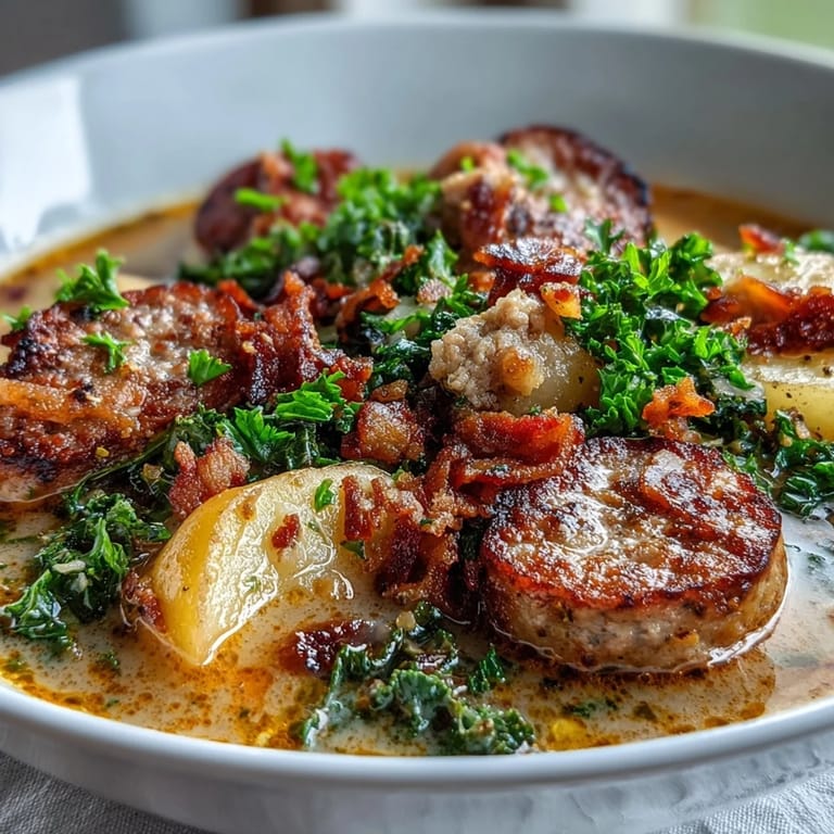 Savory Italian Sausage Soup topped with crispy bacon bits, ready to be ladled into bowls.