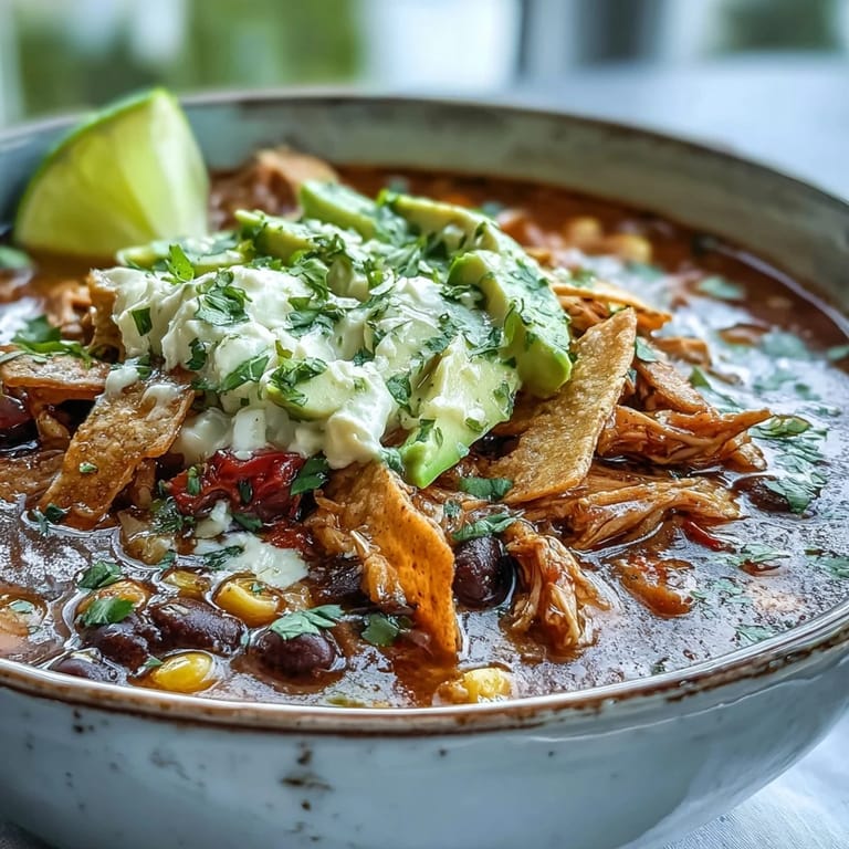 Ready-to-serve Instant Pot Chicken Tortilla Soup with tender shredded chicken, black beans, and red bell pepper.