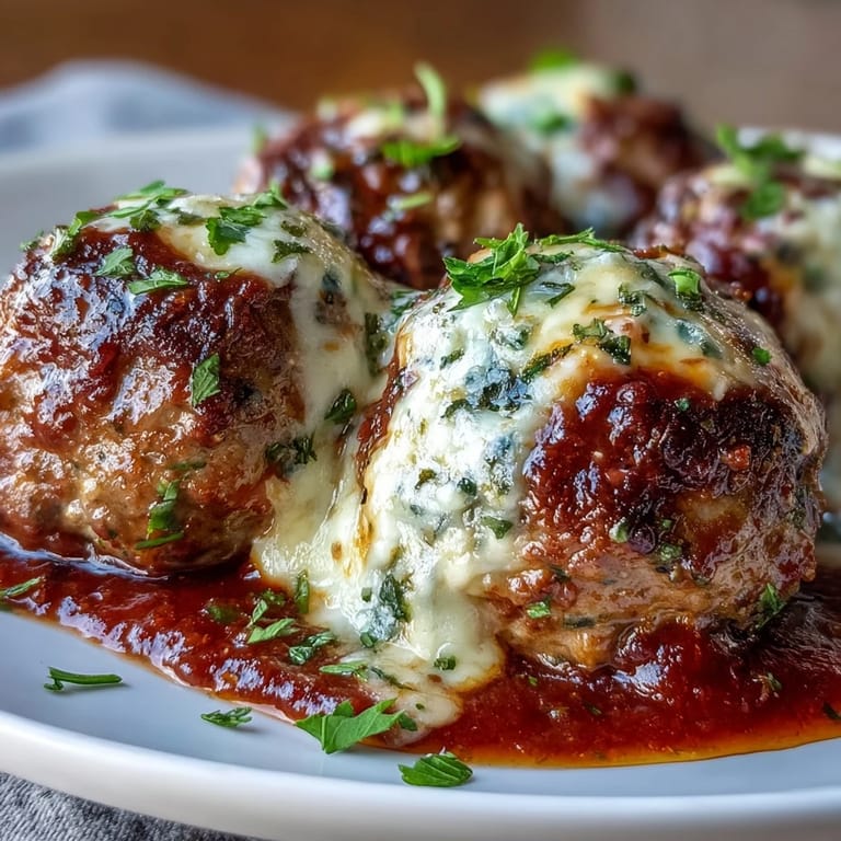 A rustic skillet of Cheesy, Garlicky Meatballs With Marinara topped with melted mozzarella, served alongside gluten-free pasta.