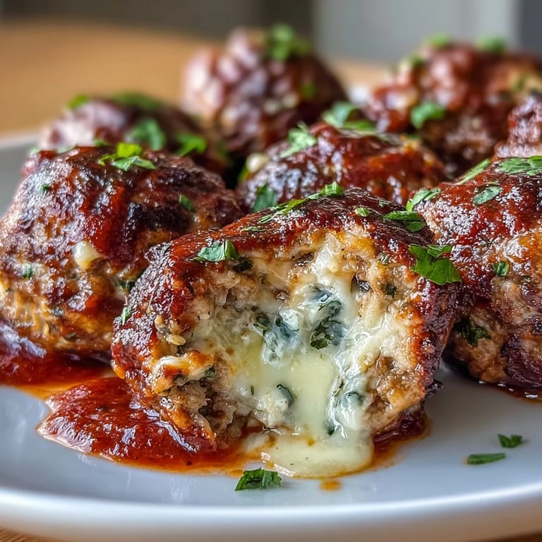 Close-up of juicy Cheesy, Garlicky Meatballs With Marinara, showcasing cheesy centers and a rich, garlicky tomato sauce.