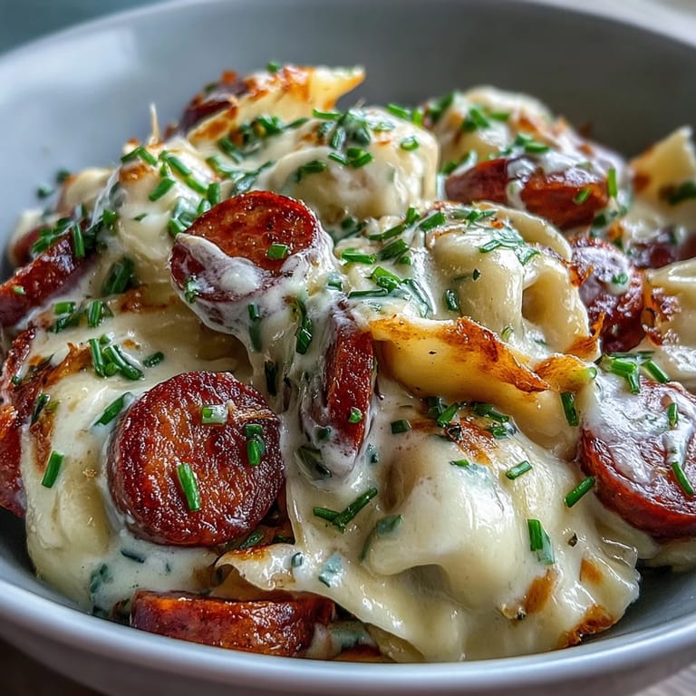 Hearty Crockpot Pierogi Casserole With Kielbasa served fresh with chives and a green salad.