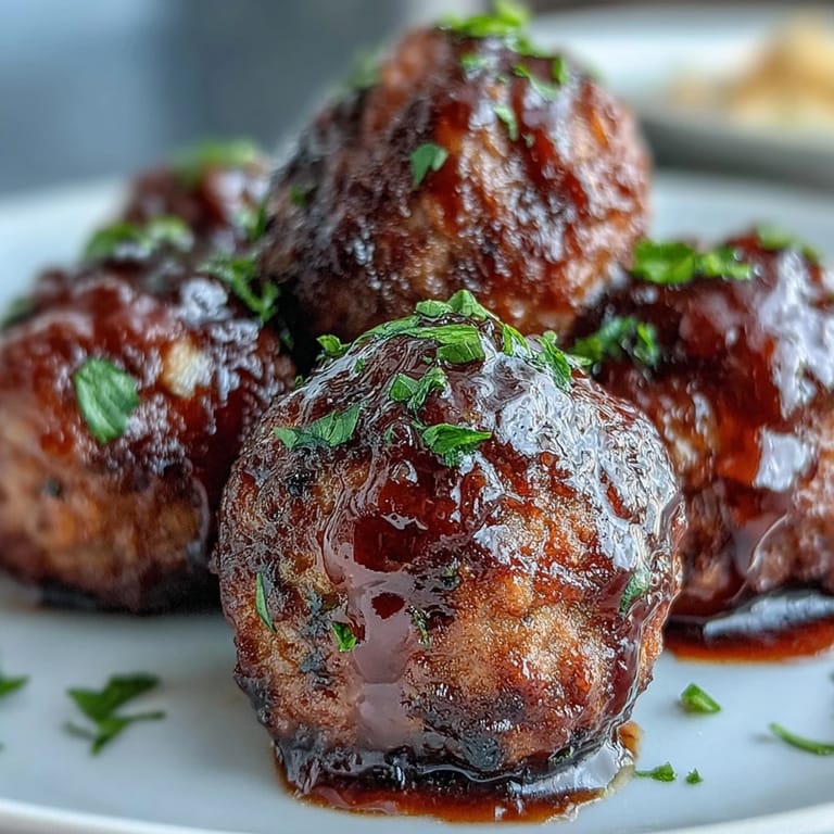 Tender Slow Cooker Peach Glazed Meatballs piled high on a plate, perfect for serving over steamed rice for a comforting dinner.