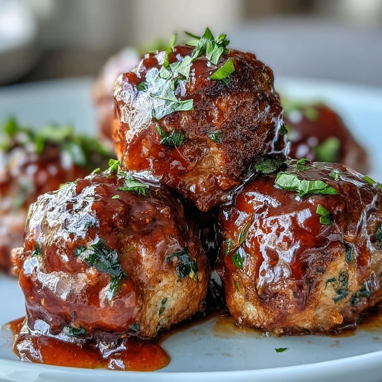 Slow Cooker Peach Glazed Meatballs with a glossy, sticky sauce garnished with fresh parsley, ideal for game day snacking.