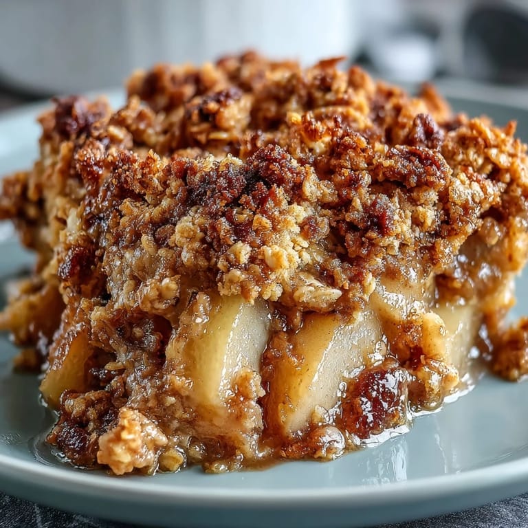 Serving suggestion of warm Pear Crumble with a melting scoop of vanilla ice cream melting over the rustic, crunchy topping.