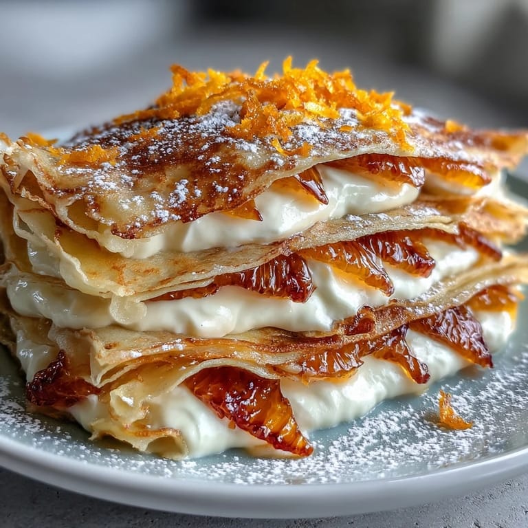 Overhead view of a Blood Orange Curd Crêpe Cake, showcasing alternating crêpe and cream layers on a rustic white serving plate.