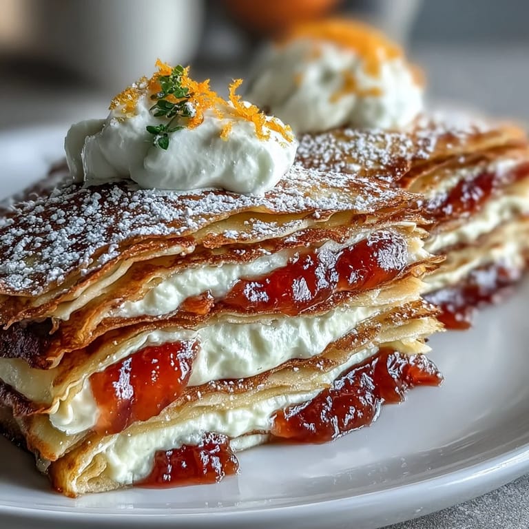 Thin layers of Blood Orange Curd Crêpe Cake stacked high, with vibrant citrus slices and a light dusting of powdered sugar on top.