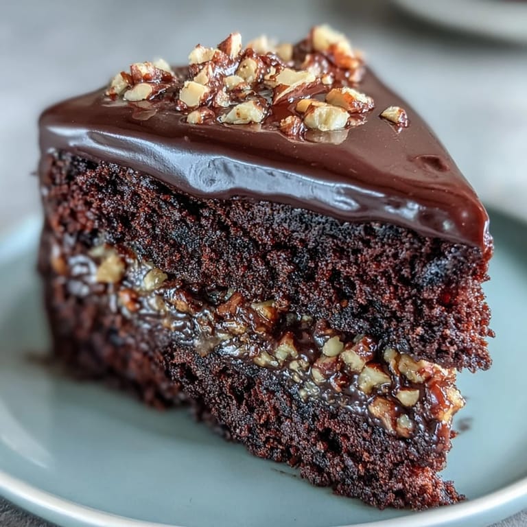 Perfectly sliced Chocolate Celebration Cake reveals moist crumb, rich ganache filling, and hazelnut praline topping for celebrations.