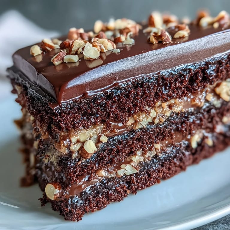 Rich Chocolate Celebration Cake shows deep chocolate ganache and crunchy hazelnut praline shards on a white plate.