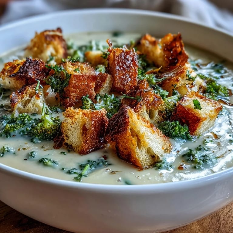 Aerial view of creamy cauliflower and broccoli soup garnished with crisp croutons, ready to serve.