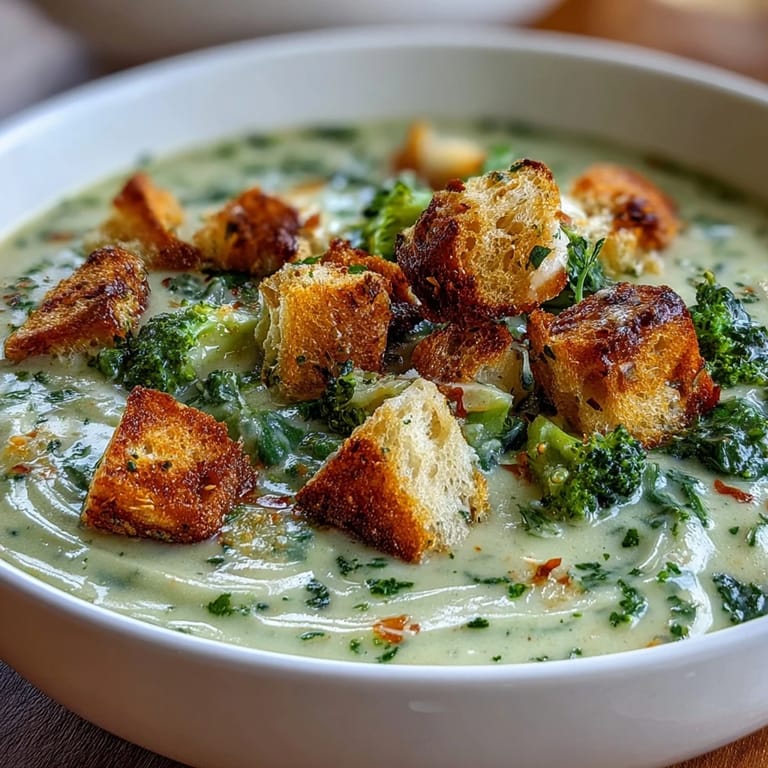 A comforting bowl of cauliflower and broccoli soup, finished with fresh thyme and a splash of cream.