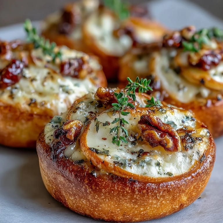 Overhead view of assembling Pear, Gorgonzola, and Pickled Walnut Pizzettes with sliced pears and crumbled cheese.