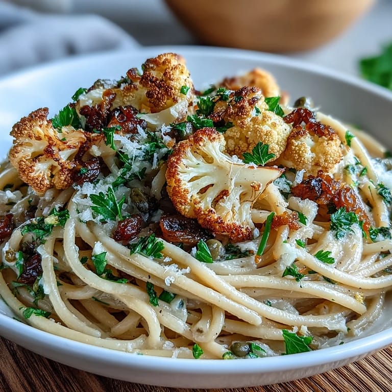 Close-up of a forkful of Cauliflower, Anchovy and Raisin Spaghetti featuring roasted cauliflower and savory anchovy flakes on whole wheat pasta.