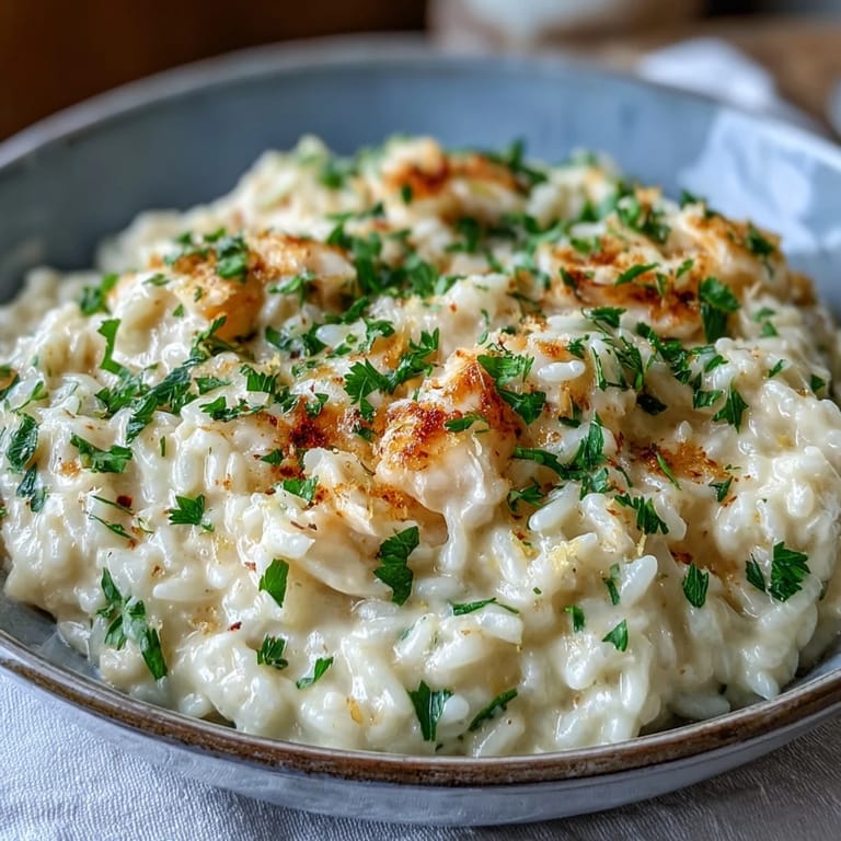 Flaked smoked haddock and tender Arborio rice in a rich, cheesy risotto served warm in a white ceramic dish.