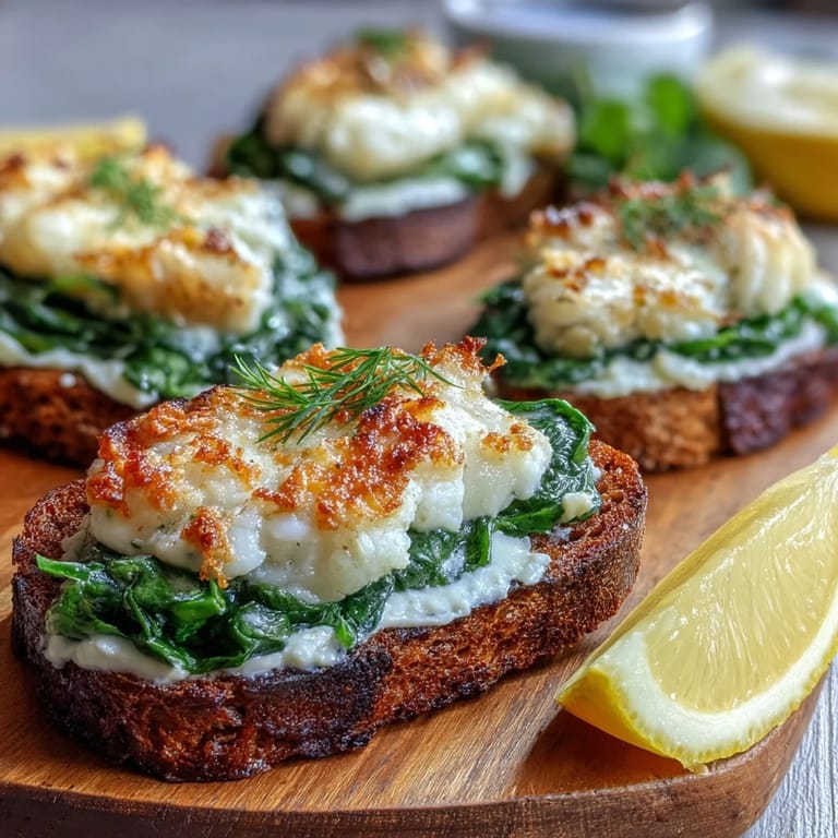 Savory smoked haddock and spinach rye toasts served warm with fresh lemon wedges on the side.
