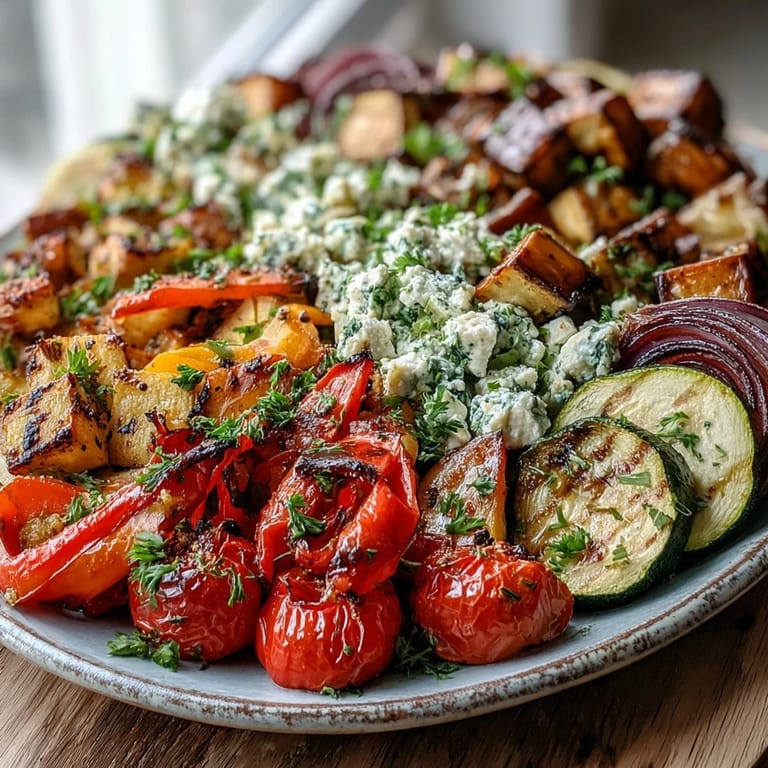 Vibrant roasted Mediterranean Greek vegetables served as a healthy dinner side dish with a wedge of lemon for squeezing.