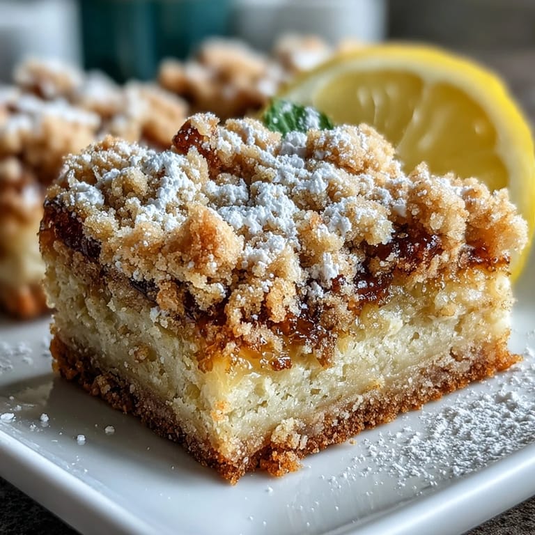 Overhead view of easy Homemade Lemon Crumb Bars with powdered sugar dusting and lemon zest garnish.