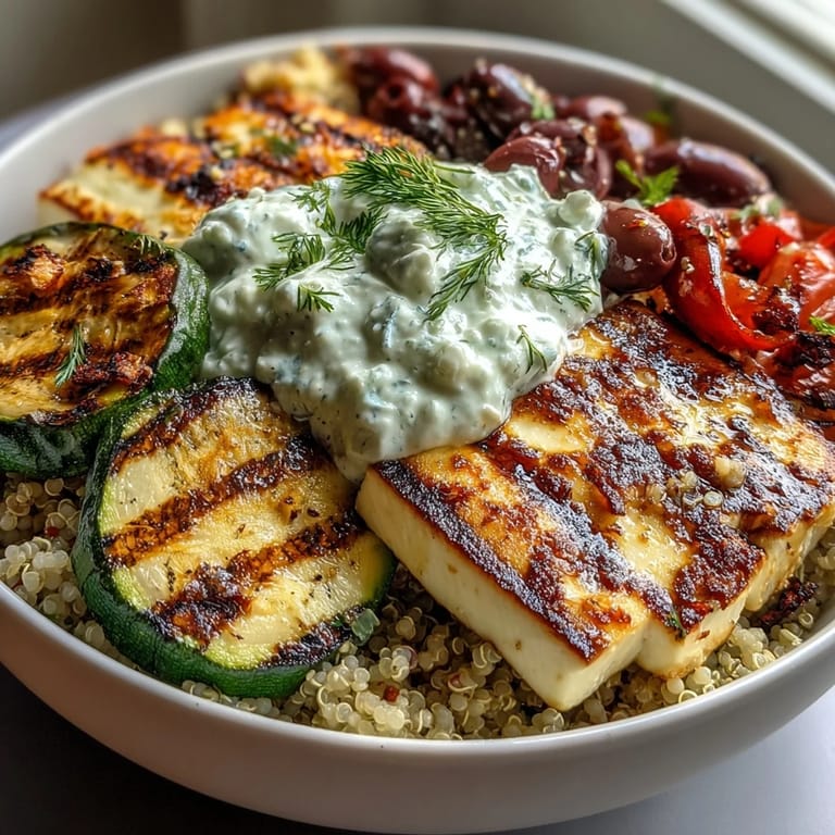 Grilled Mediterranean Bowl topped with feta, Kalamata olives, and diced cucumber over fluffy quinoa with a dollop of creamy sauce.