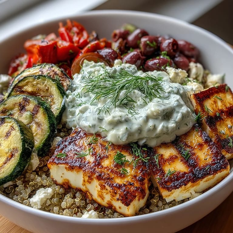 Vibrant grilled vegetables and golden halloumi arranged over quinoa in a bowl, finished with fresh parsley and a lemon wedge.