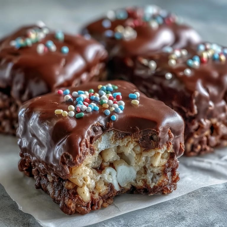 Chocolate Covered Rice Krispy Treats stacked on a white plate, with melty chocolate drizzle and crunchy cereal textures visible up close.
