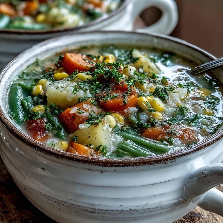 A ladle serving Amish Snow Day Soup from a pot, showcasing the thick, velvety broth with corn and carrots.