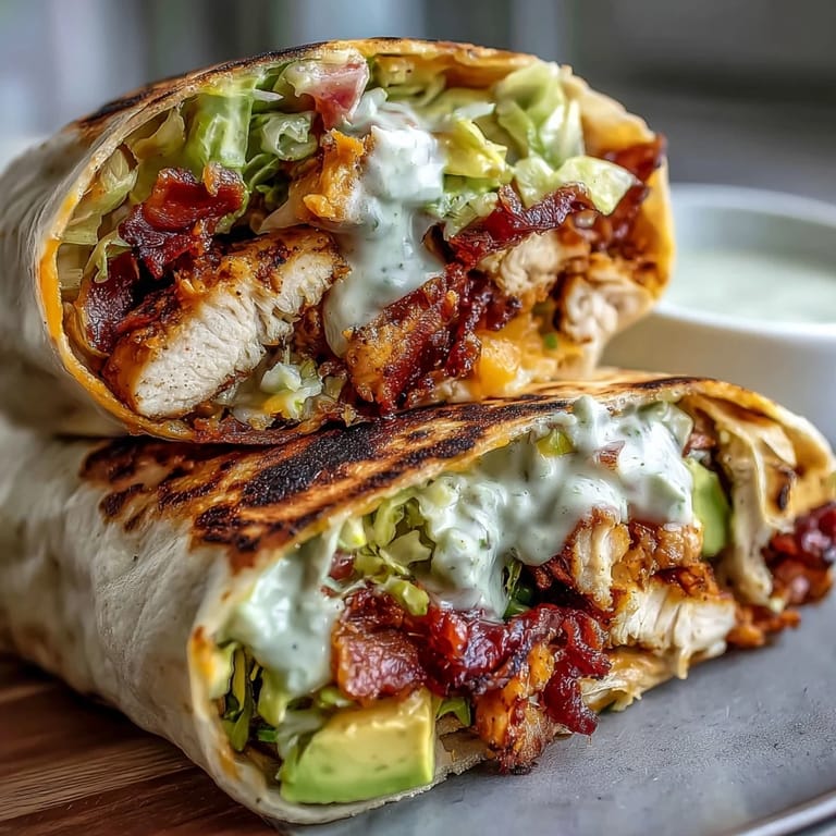 Sizzling Crispy Chicken Bacon Wrap being pressed in a skillet, golden tortilla exterior with smoky bacon and chicken.
