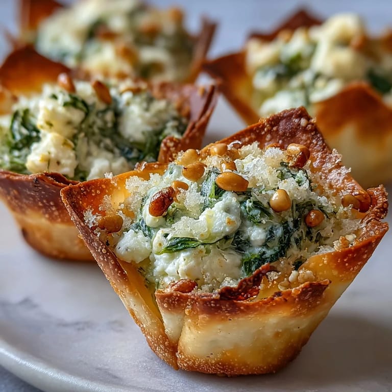 Crunchy wonton cups with creamy spinach feta filling, perfect warm Mediterranean appetizers on a rustic wood table.