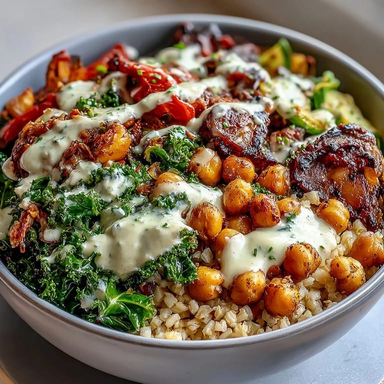 Close-up of Mediterranean Buddha Bowl Meal Prep featuring fluffy bulgur, steamed kale, smoky roasted vegetables, and chickpeas, perfect for a vegetarian main dish.