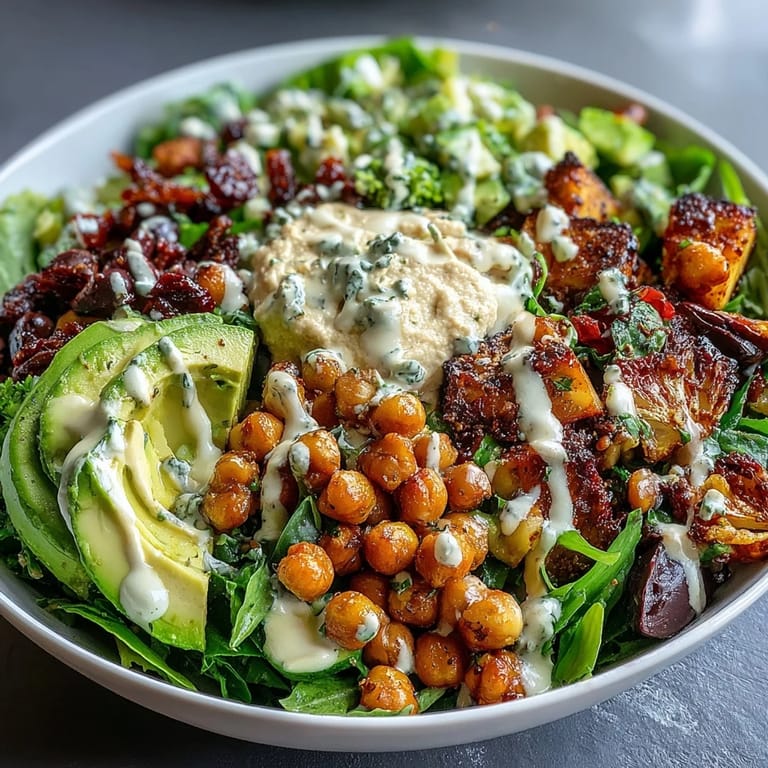 Colorful plant-based Mediterranean Buddha bowl featuring roasted zucchini, bell peppers, chickpeas, and creamy hummus with tahini dressing.