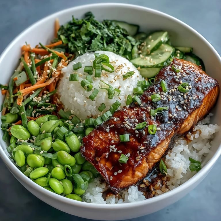 Delicious Asian-inspired salmon bowl with tender baked salmon, jasmine rice, fresh julienned veggies, and a drizzle of savory soy-ginger glaze.