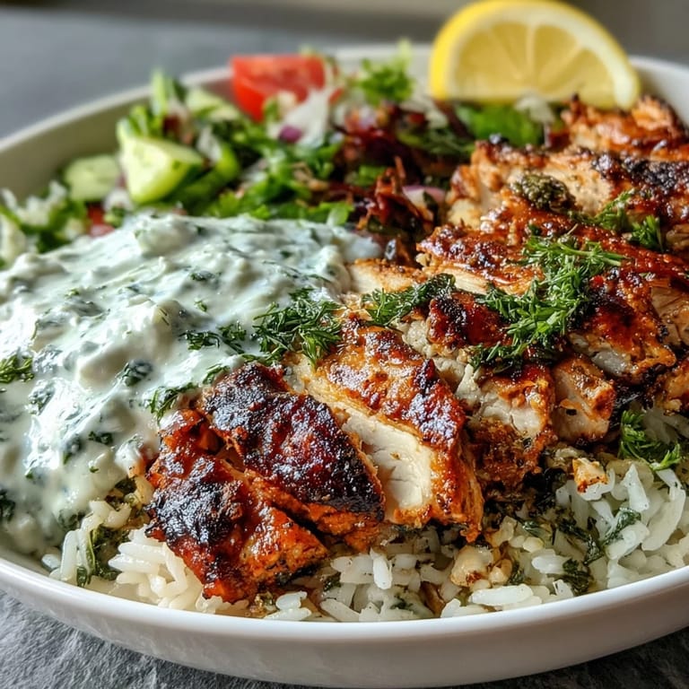 Wholesome Greek chicken bowl featuring tender marinated chicken, fragrant rice, crisp vegetables, briny olives, and cool tzatziki for a Mediterranean meal.  