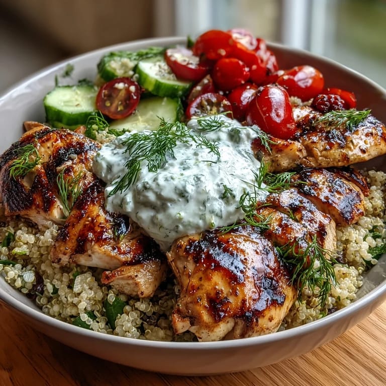 Protein-packed Greek chicken power bowl with juicy marinated chicken, quinoa, crisp vegetables, and a dollop of homemade tzatziki.