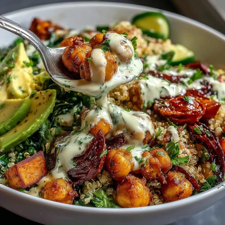 Wholesome Buddha Bowl featuring fluffy quinoa, golden roasted sweet potatoes, crunchy chickpeas, and crisp vegetables topped with rich garlic tahini sauce.  