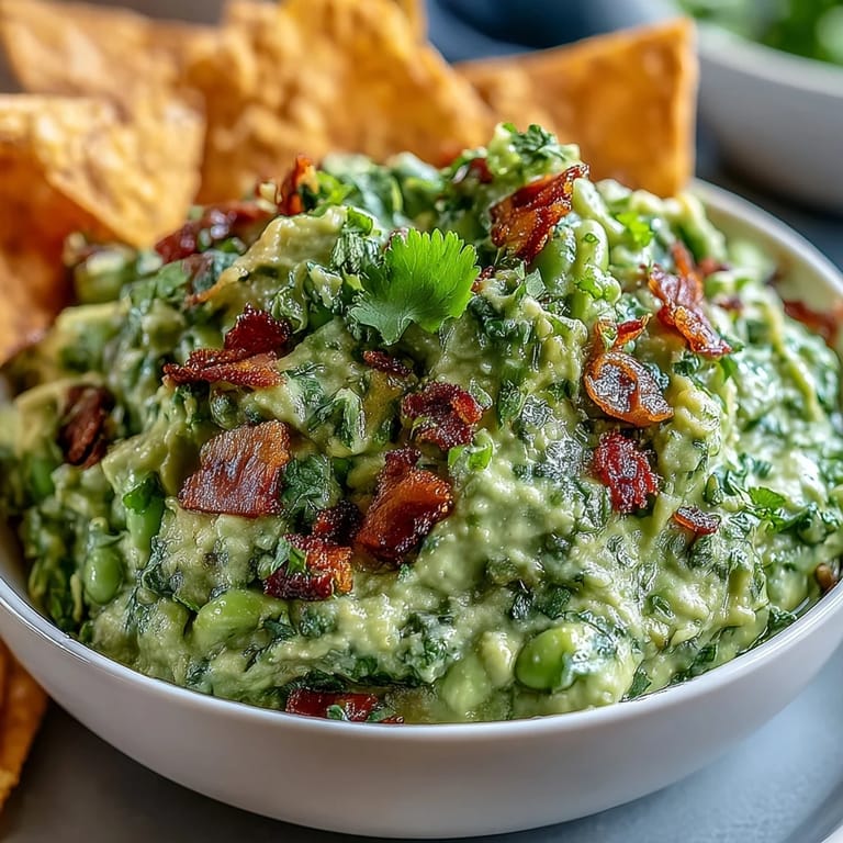 Creamy avocado and edamame dip with a hint of lime, paired with golden baked pita chips for a fresh appetizer.  