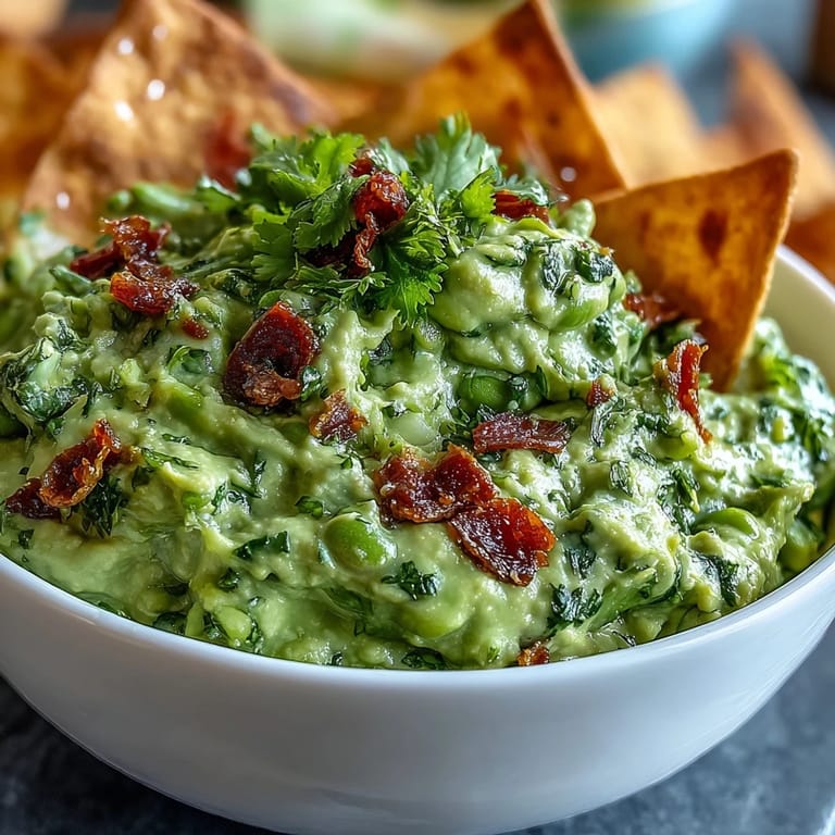 Fresh edamame guacamole blended with cilantro and jalapeño, served alongside warm, spiced pita chips for a tasty dip.