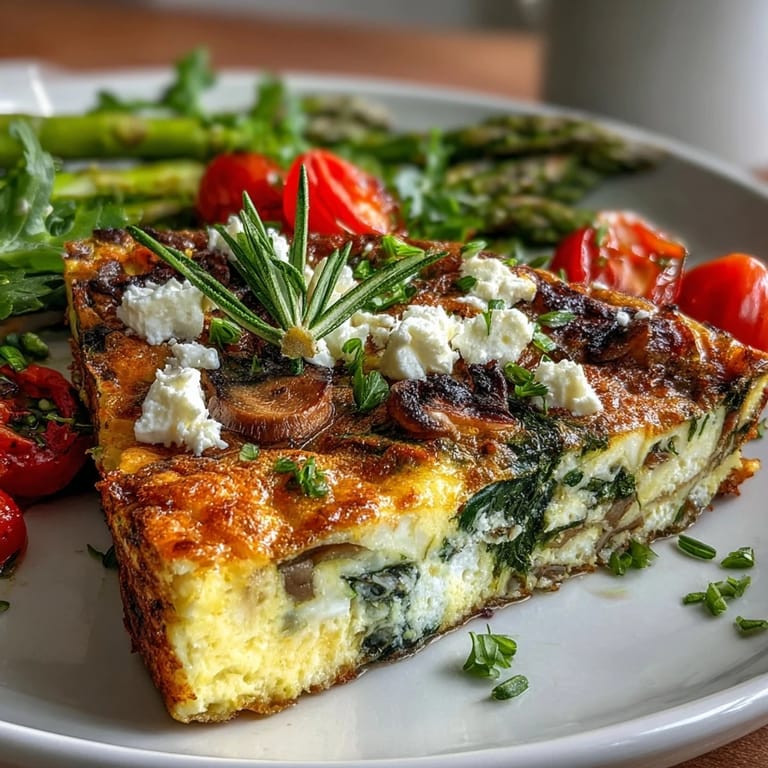 Vibrant spring veggie frittata packed with seasonal greens, fluffy eggs, and creamy feta, baked until golden and ready to serve.
