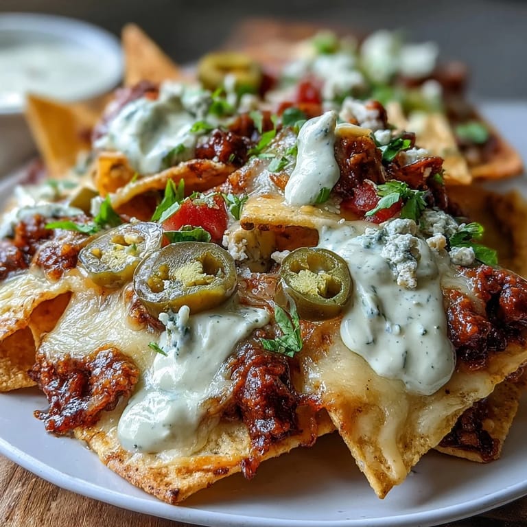 Crispy tortilla chips smothered in savory ground beef, creamy cheddar cheese sauce, and tangy pickled jalapeños, perfect for game day.