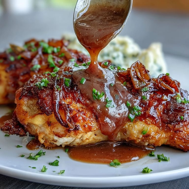 Tender, seasoned chicken thighs and drumsticks smothered in thick, buttery onion gravy—a comforting Southern dinner classic.