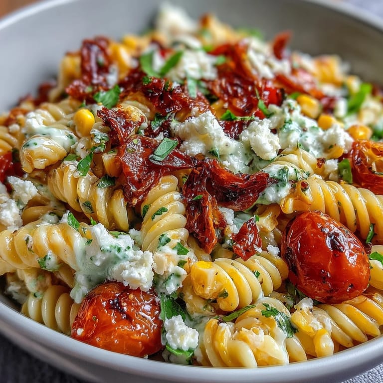 Mexican-inspired Elote Pasta Salad with Cotija, Chili and Lime, topped with fresh cilantro and juicy cherry tomatoes for a vibrant dish.