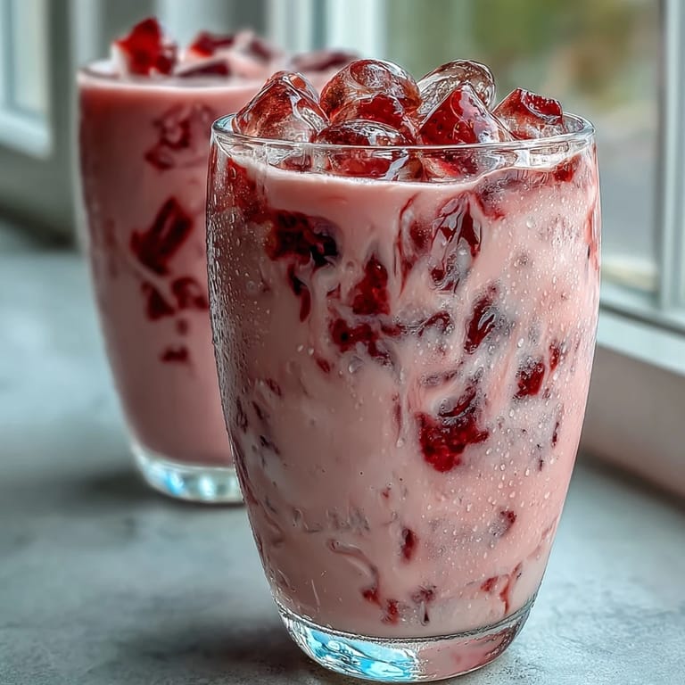 Creamy and refreshing pink beverage made with juicy strawberries, tangy açaí, and luscious coconut milk, served over ice.