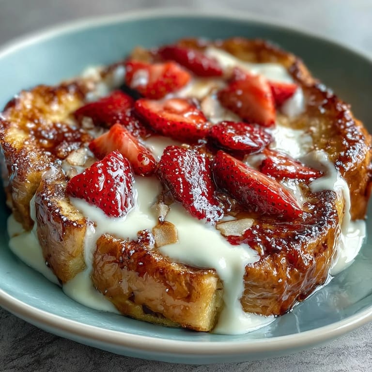 Fluffy brioche French toast bake loaded with juicy strawberries, warm spices, and a crisp turbinado sugar topping for a sweet brunch treat.