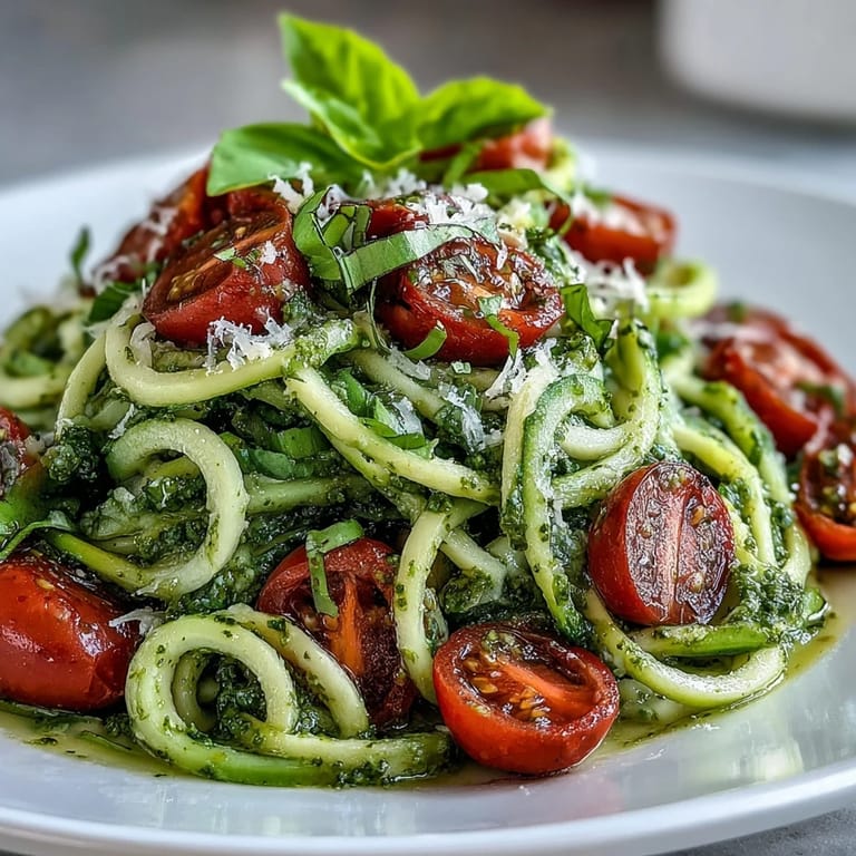 Light and flavorful zucchini noodle dish with homemade pesto, cherry tomatoes, and a sprinkle of Parmesan cheese.  
