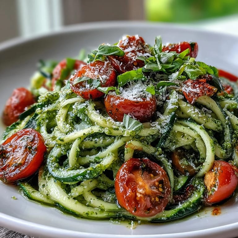Spiralized zucchini in fragrant basil pesto, paired with sweet cherry tomatoes for a colorful, low-carb dinner.