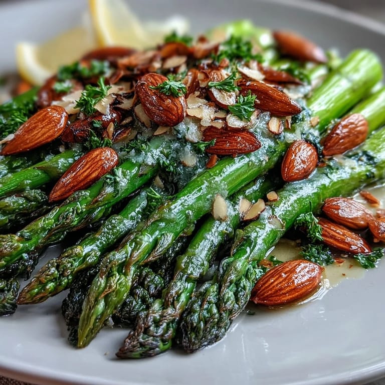Tender asparagus sautéed in zesty lemon butter and finished with crunchy almonds, a perfect vegetarian side for festive meals.