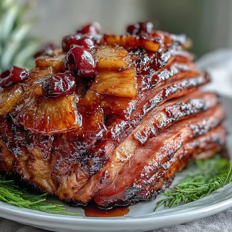 Succulent honey glazed ham with pineapple rings and cherries, creating a sweet, savory, and beautifully caramelized holiday main dish.
