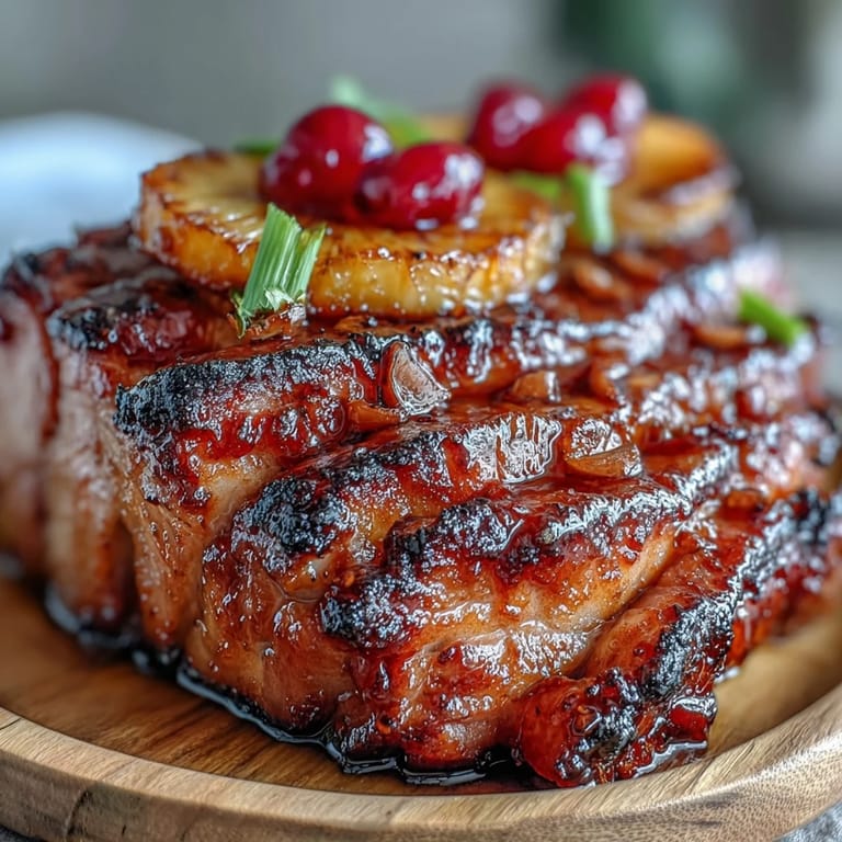 Juicy ham glazed in honey and mustard, adorned with caramelized pineapple slices and maraschino cherries for a classic Easter dinner.  